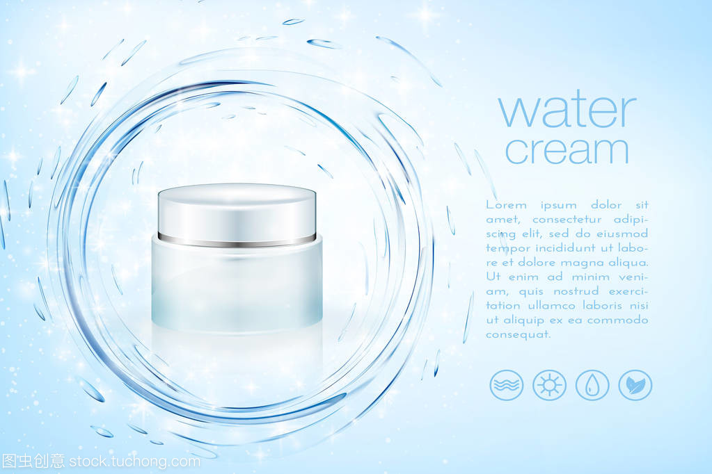Aqua 奶油美容產(chǎn)品廣告,保濕面部護(hù)膚品小樣的圣誕季節(jié)銷售模板。綠松石面具瓶上閃光顆粒與水飛濺孤立。3d 圖